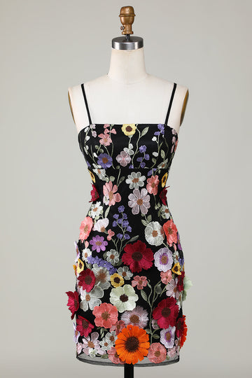 Bodycon Spaghetti Straps Vestido de bienvenida negro con flores 3D
